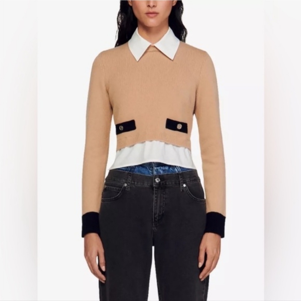Sandro Dale Cropped Wool Cashmere Blend Layered Sweater